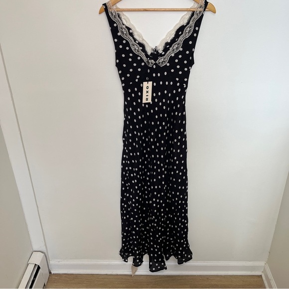 Rixo Sandrine Polka-Dot Woven Midi Dress in Navy Blue Viscose Size XXS NWT - Picture 10 of 12